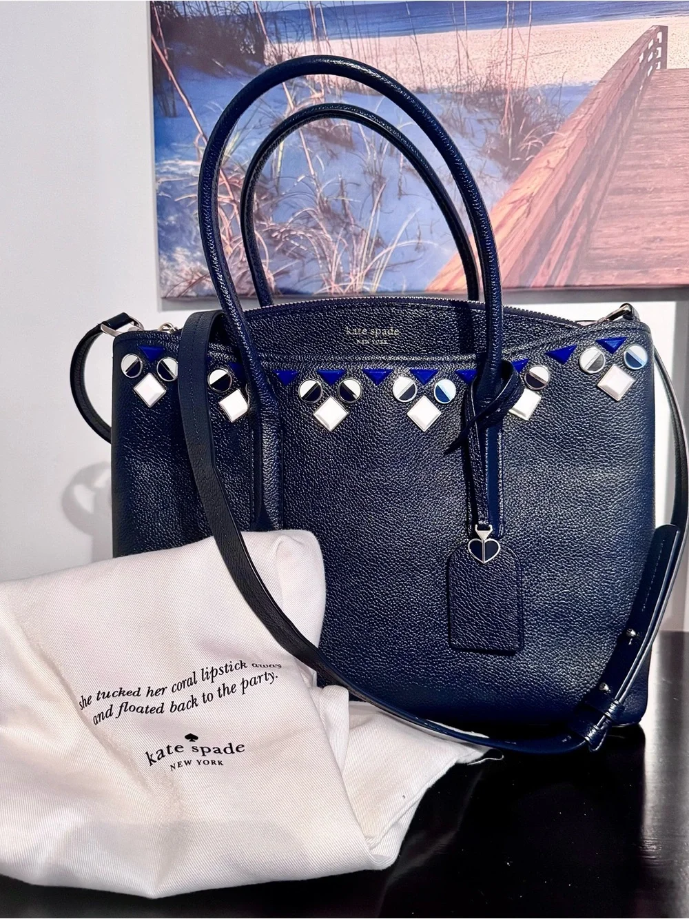 NWOT Kate Spade Margaux Jeweled Large Satchel Blazer Blue W/ Dust Bag